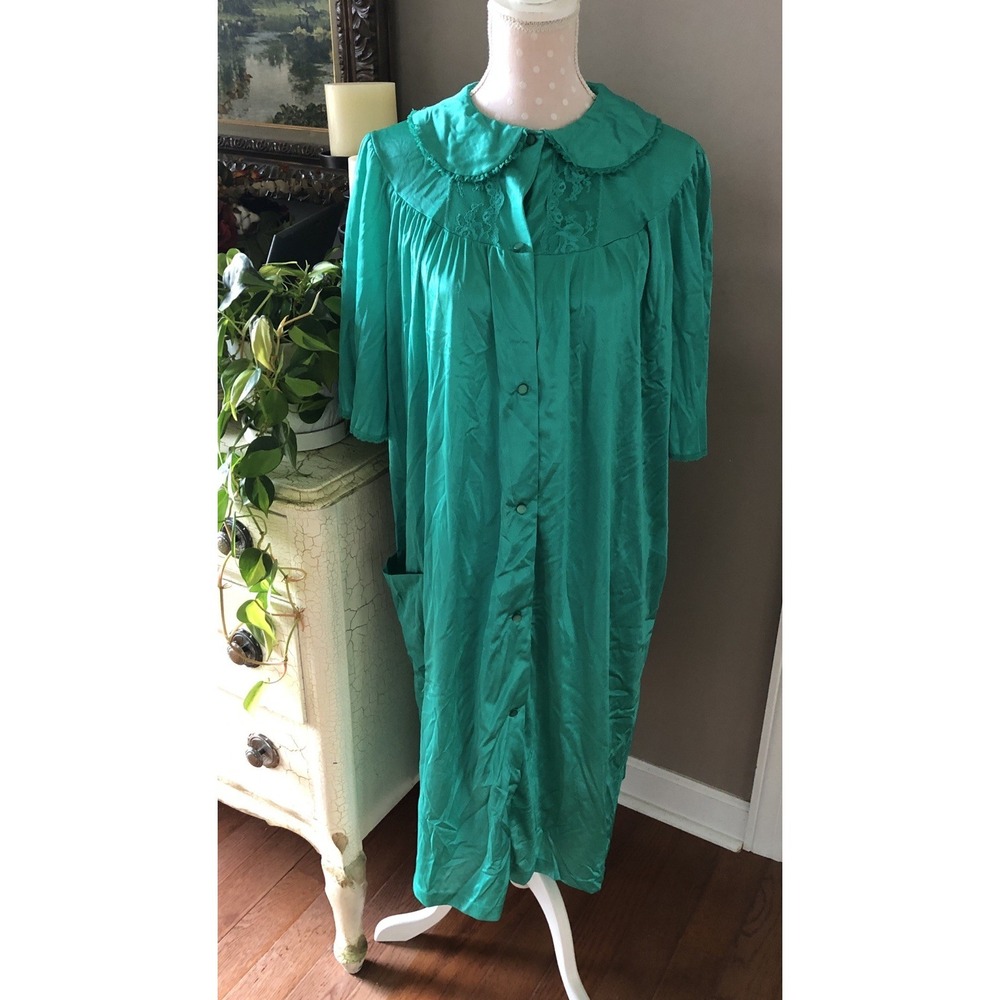 Vtg Nancy King Lingerie Robe Emerald Green Short Sleeve Knee Length Women's XL